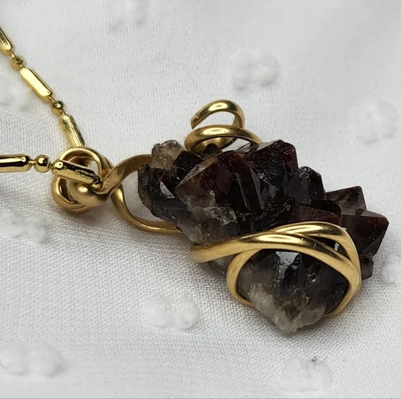 Gold Wired Crystal Necklace with Dark Smoky Quartz Stone - Picture 3 of 8